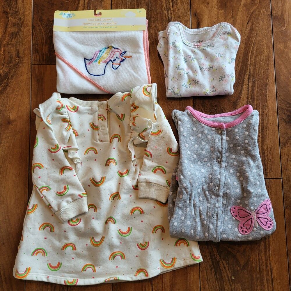 Girls Bundle 3-9 Months Tucker & Tate Dress Simple Joy Bodysuits Hooded Towel